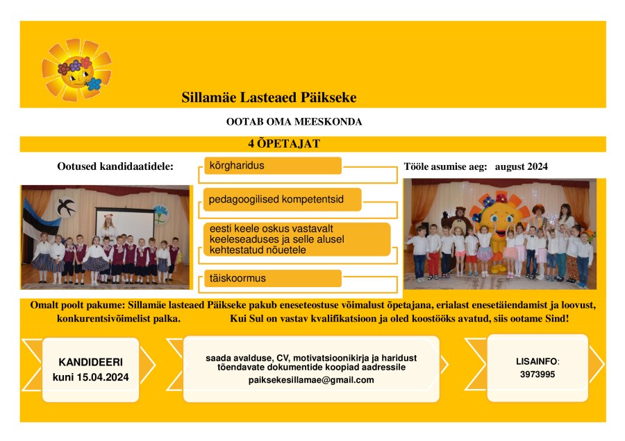 Sillamäe lasteaed Päikseke ootab oma meeskonda! 13.03.2024
