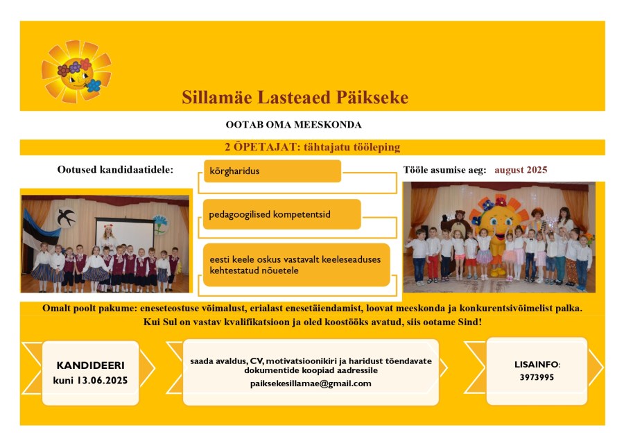 Lasteaed Päikseke ootab oma meeskonda õpetajat